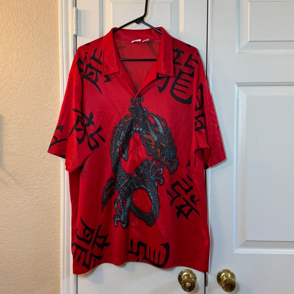 Red Button Up Men's Shirt with Black Dragon and Chinese Writing Utility Size XL